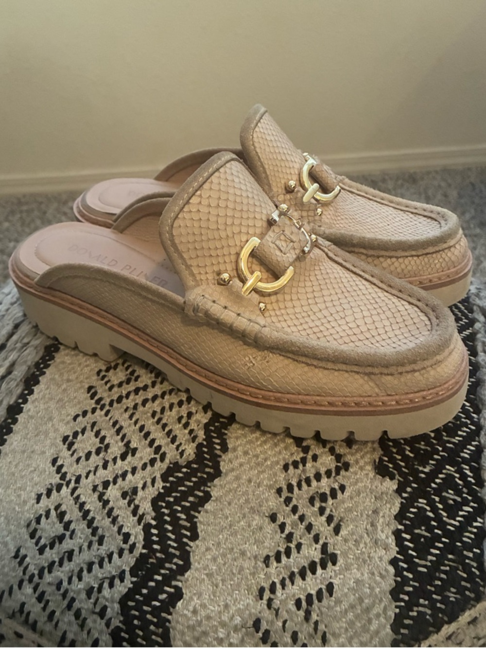 Donald J. Pliner Tan Woven Slip-On Mule Loafers with Gold Hardware